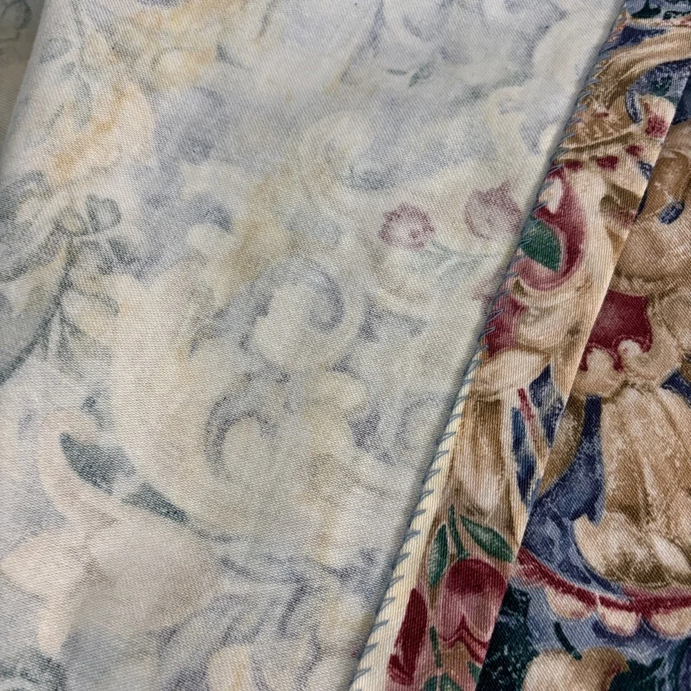 Elegant Blue and Gold Tapestry Fabric Shower Curtain, tie back, fabric rings.